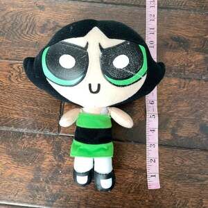 Vintage Powder Puff Girl Buttercup Doll Plush Toy Green Dress Eyes Faded Stuffed